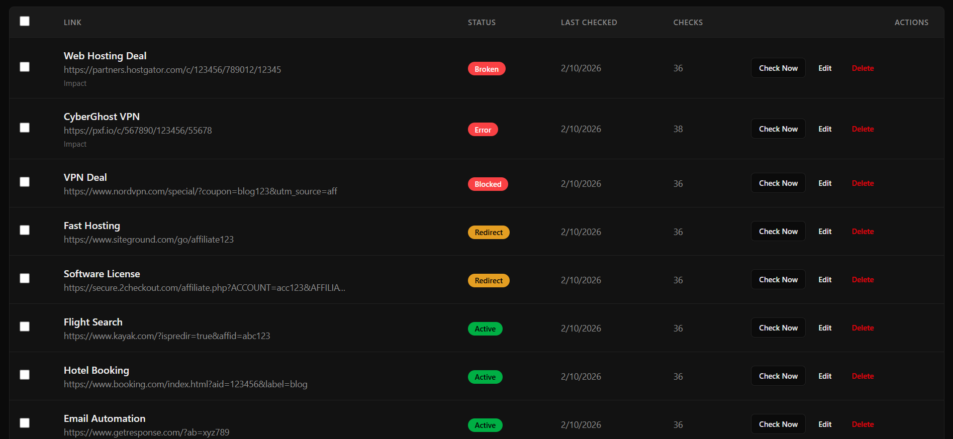 AffilGuard dashboard showing affiliate link monitoring results with status indicators for broken, error, blocked, redirect, and active links