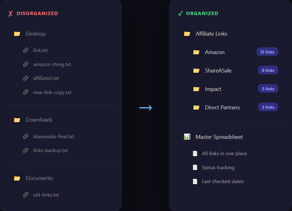 Before and after comparison of affiliate link organization