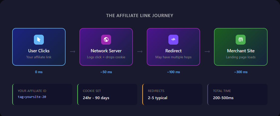 Diagram showing the affiliate link redirect chain from click to merchant