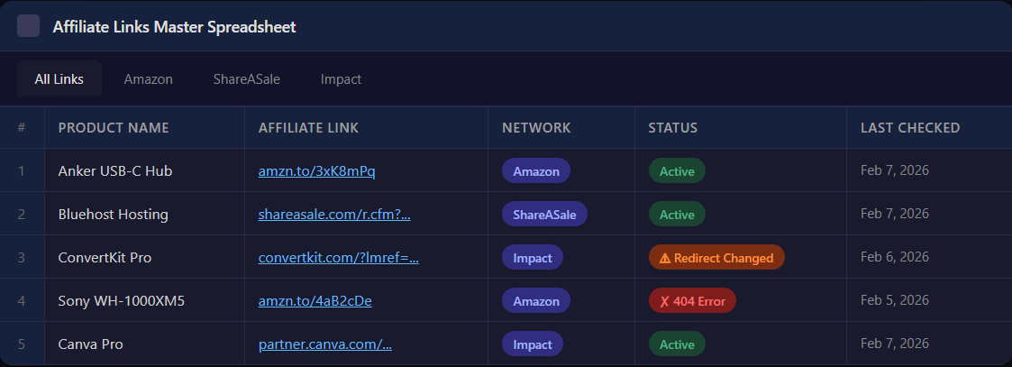 Example affiliate link tracking spreadsheet